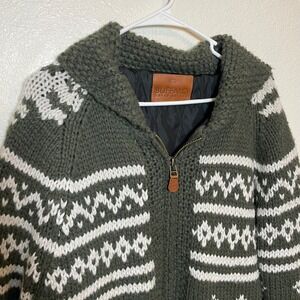 Buffalo David Bitton Men's Large Green Fair Isle Knit Full Zip Collar Sweater